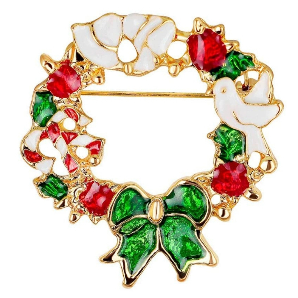 Enamel Christmas Dove Wreath Brooch Pin